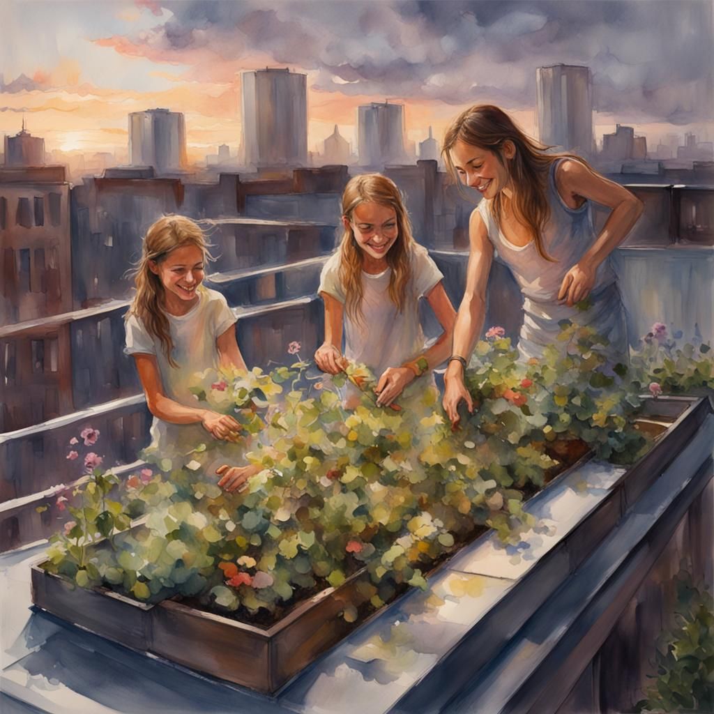 Rooftop Garden with Girls, Watercolor and Pastel