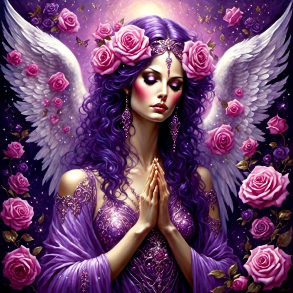 Angel Praying in Enchanted Rose Garden