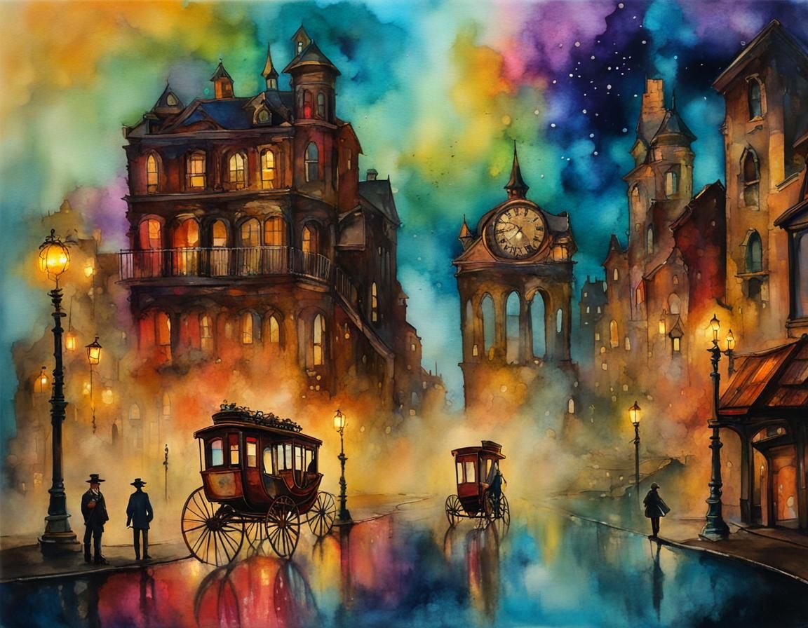 Steampunk Cityscape with Stagecoach in Alcohol Ink Style