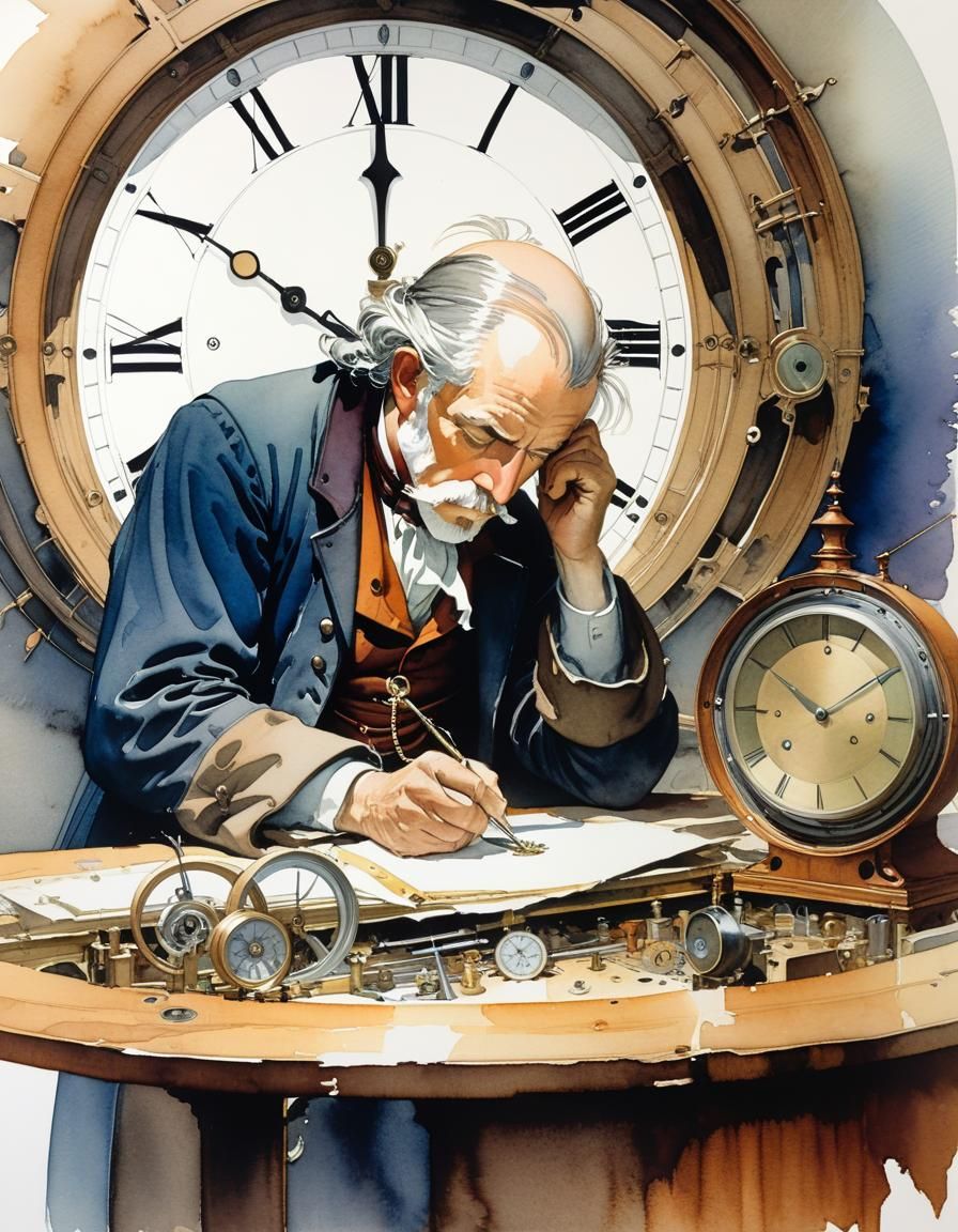Clockmaker Engrossed in Repairs: Watercolor Painting