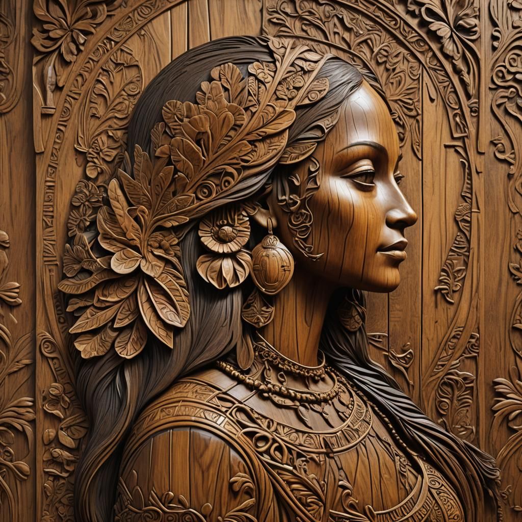 Mona Lisa Carved in Teak Wood Relief