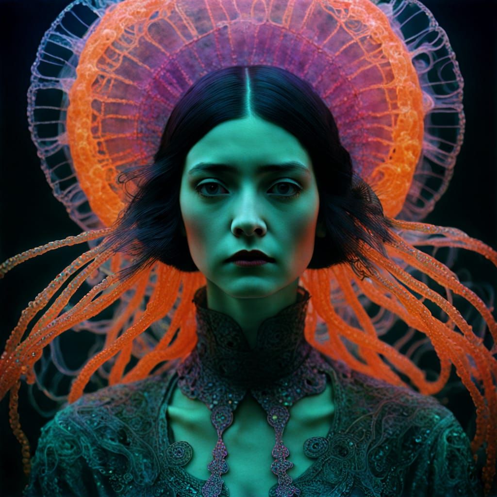 Neon Horror: Jellyfish Woman in Geometric Autochrome