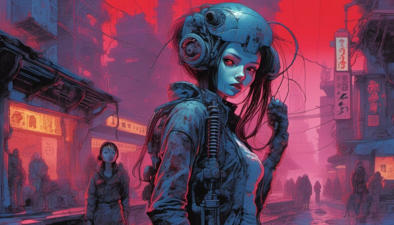 Cyberpunk Femme Fatale Gunfight in Neo-Tokyo