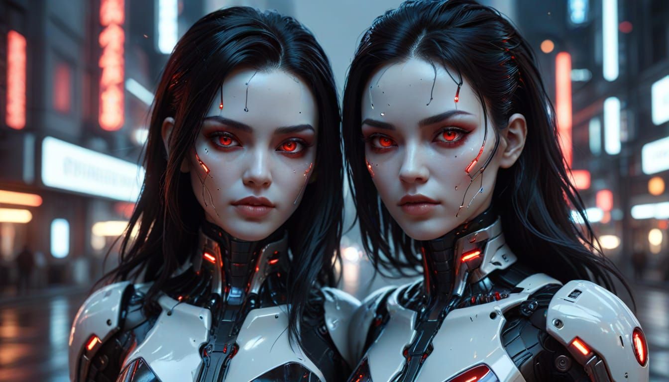 Cyberpunk Android Gynoid with Neon Reflections