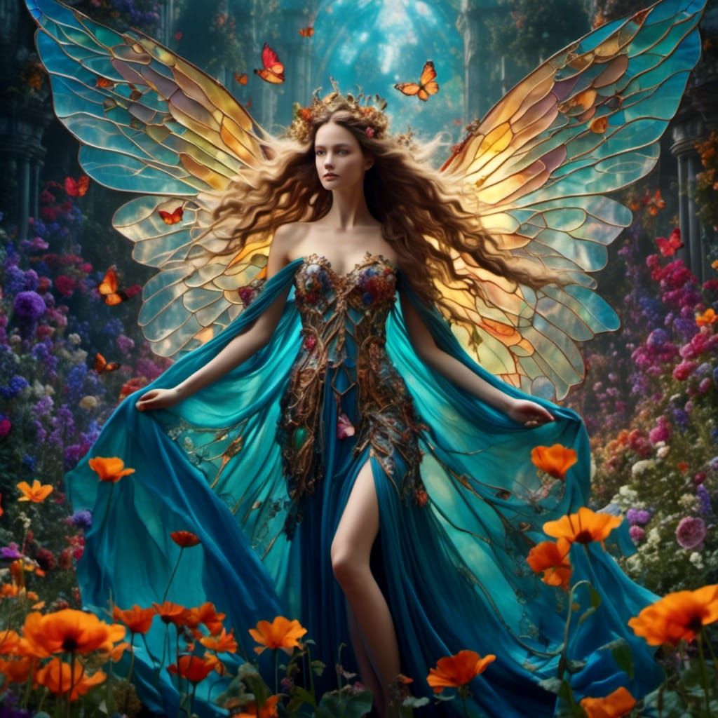 Stained Glass Fairy Queen in Garden Setting