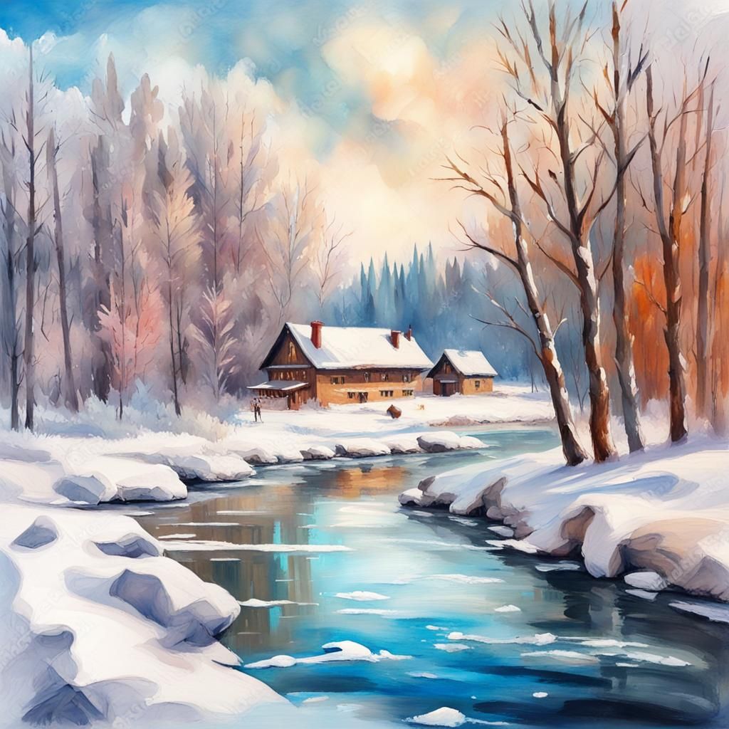 Winter River Lodge in Gouache Style