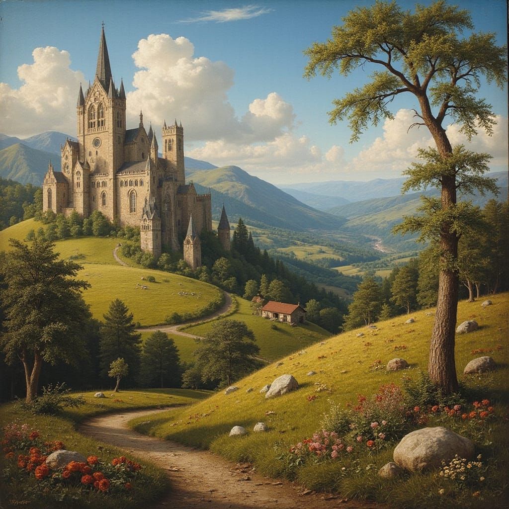 Baroque Fantasy Landscape with Rolling Hills and Ancient Spi...