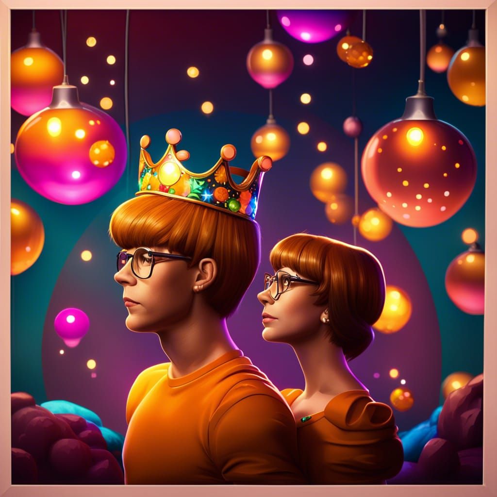 Imagine Velma and Scooby doo in a Cosmo filled colourful planet wearing crown and tiara with floating lantern lights sof...