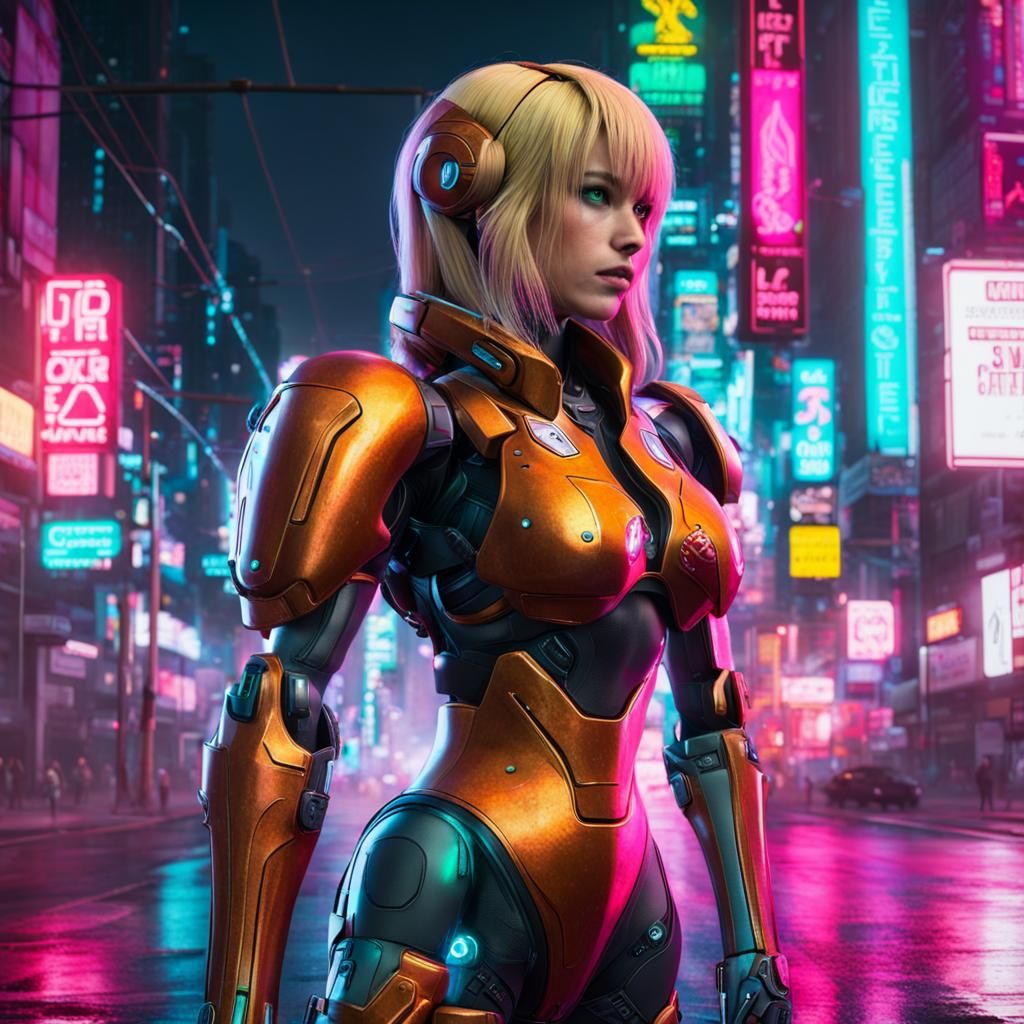 Cyberpunk Samus in Neon Cityscape