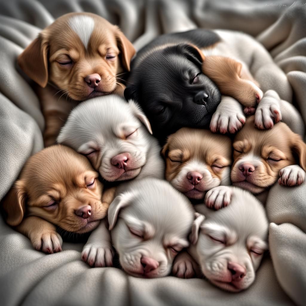 Adorable Newborn Puppies Sleeping in a Pile