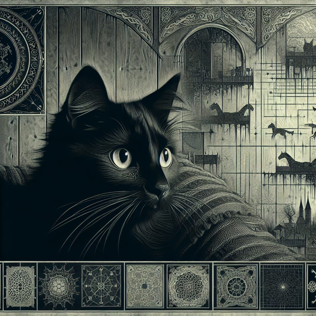 Medieval Dystopian Cat Portrait in Etching Style