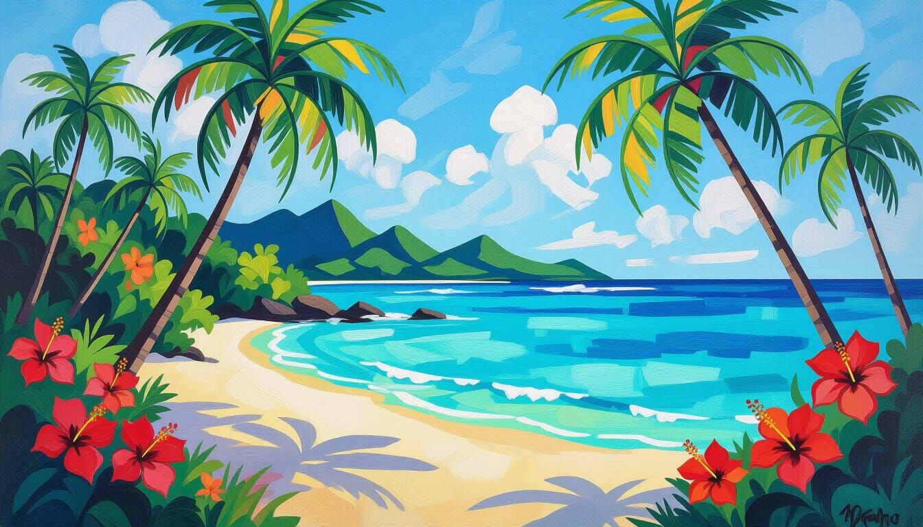 Polynesian Islands Paradise: Palms, Turquoise Waters & Hibis...