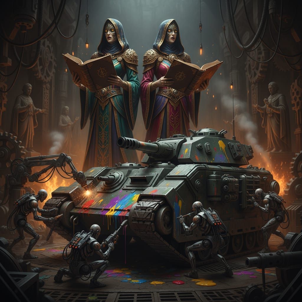 Machine God Acolytes Chant Rites Beside Leman Russ Tank