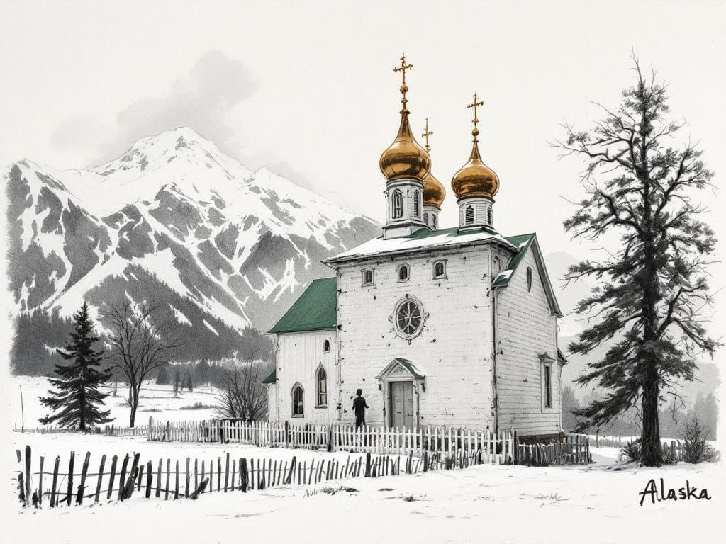 Classical Charcoal Sketch of a Russian Orthodox Church Amids...