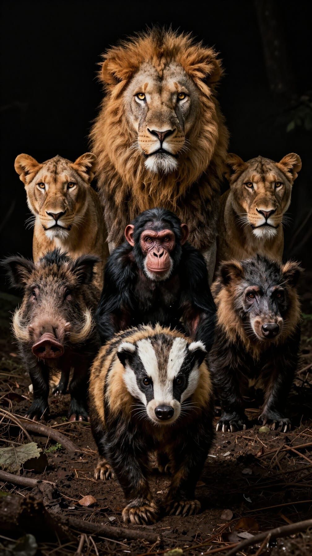 Epic Wildlife Scene: Lion, Lionesses, Honey Badger, Chimp, B...