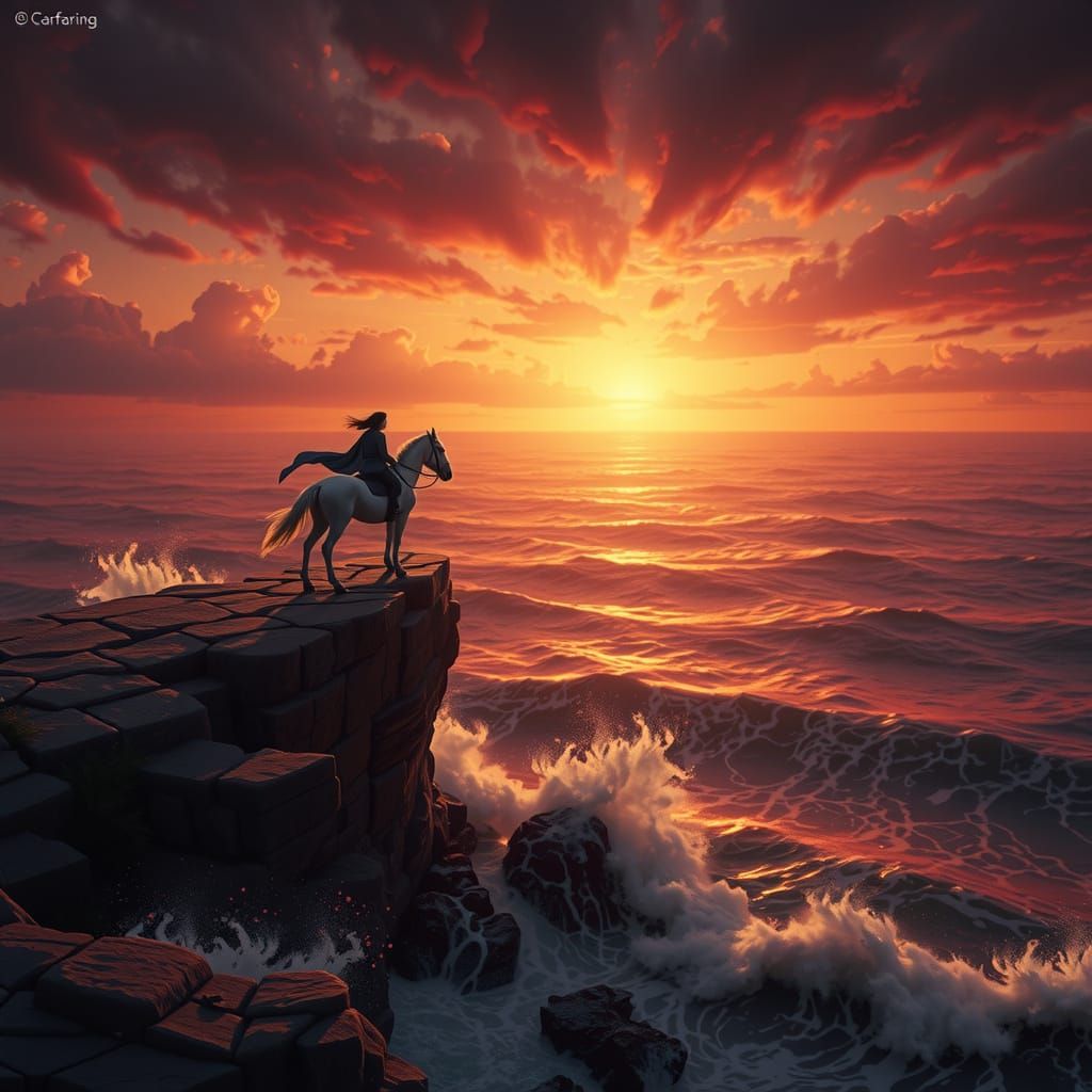 Equestrian Sunset: White Horse Overlooking the Ocean