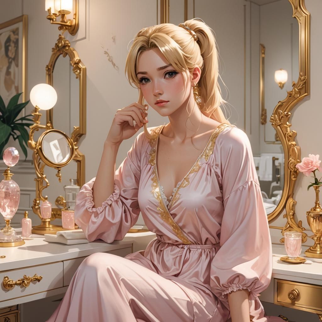 Anime Woman at Vanity in Cel-Shaded Style