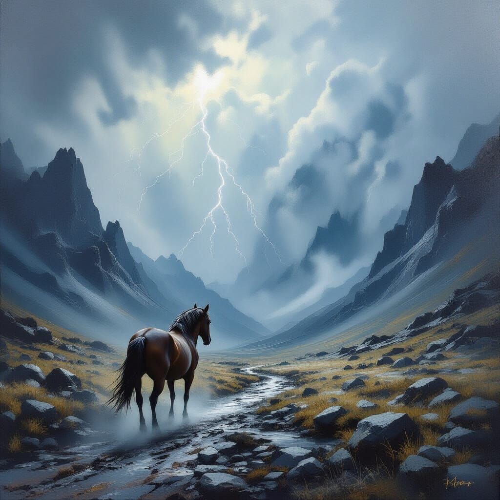 Horse in Stormy Pass with Ethereal Lighting