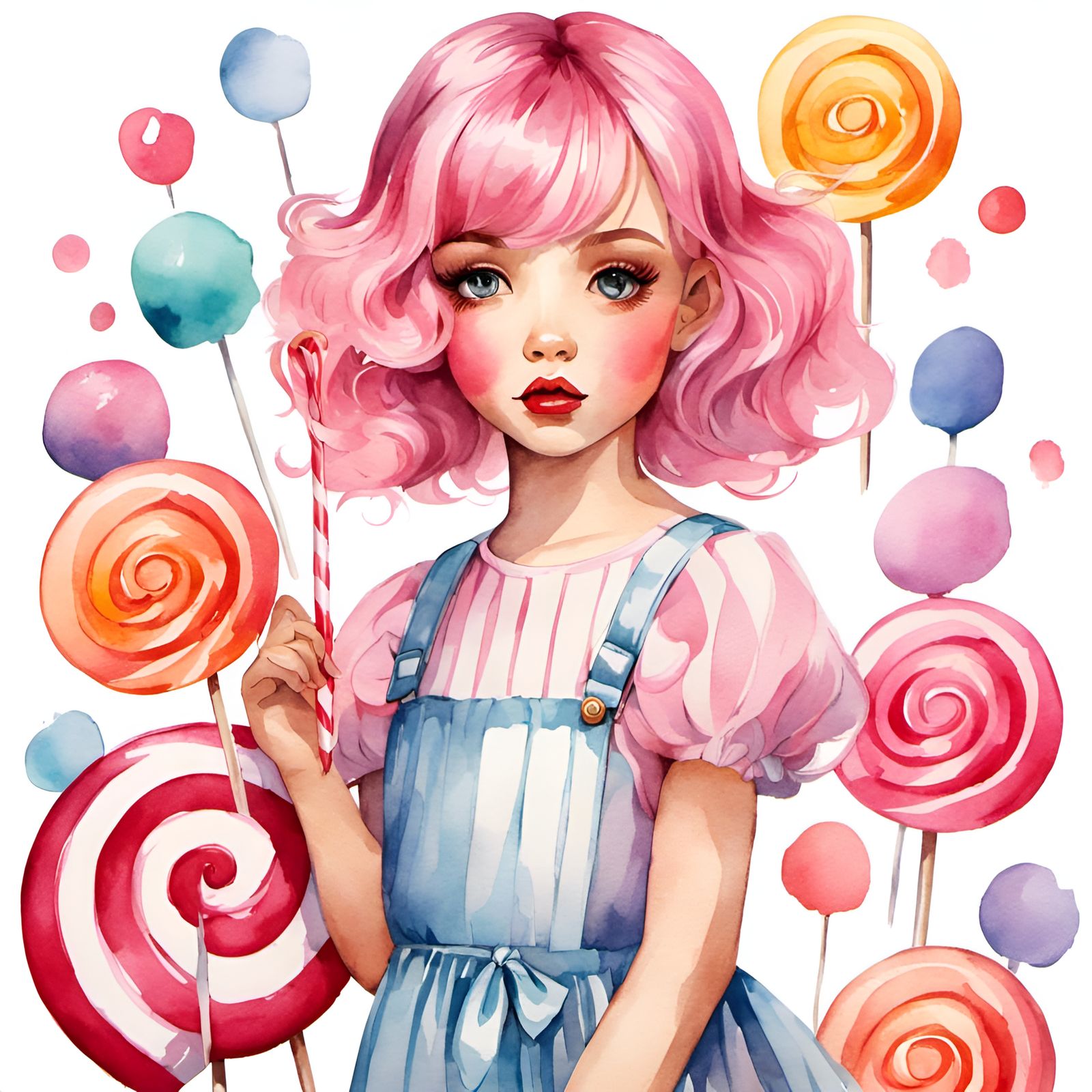 Watercolor Girl with Lollipop Illustration