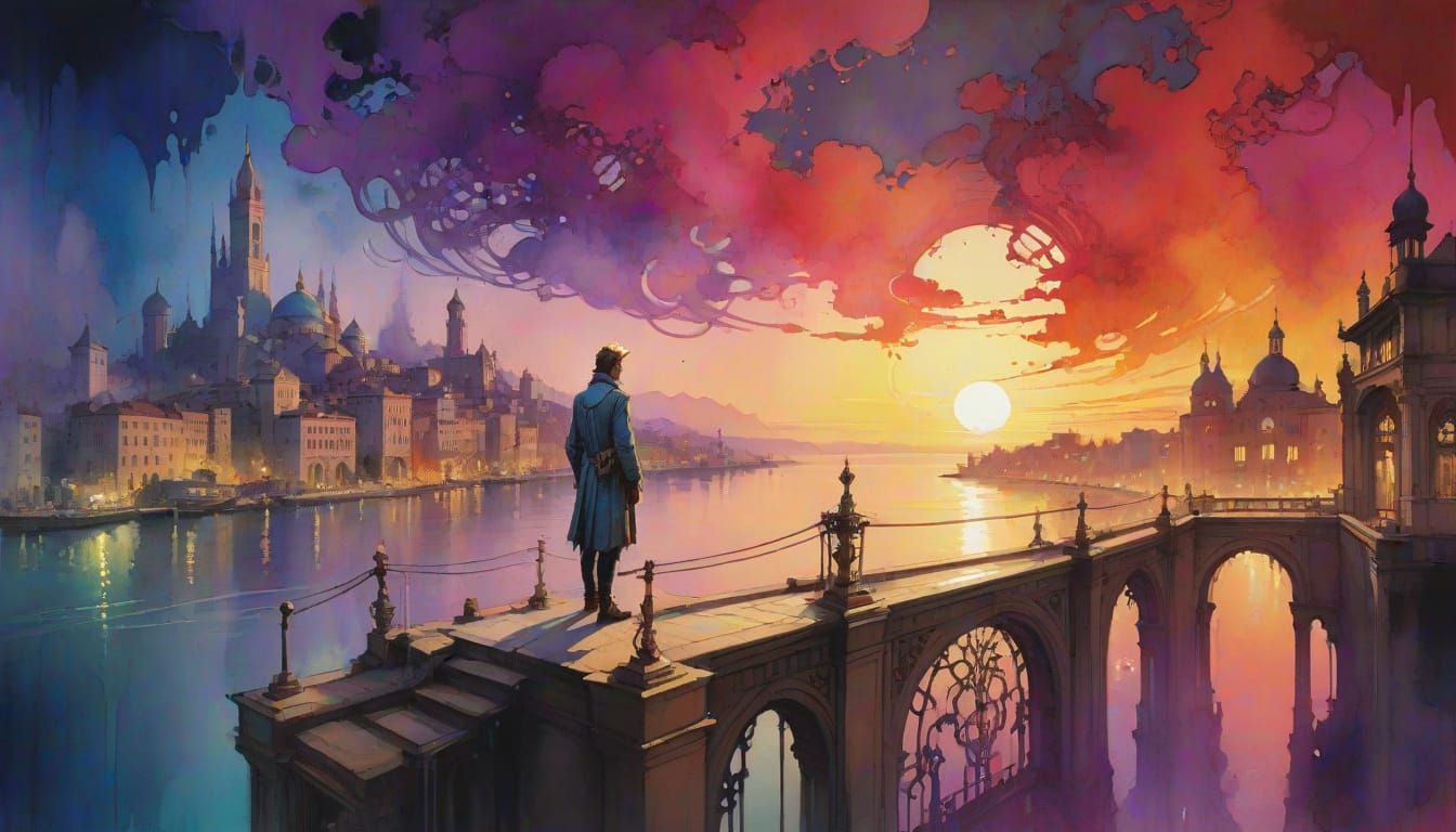 Elaborate Architecture in Art Nouveau Watercolor