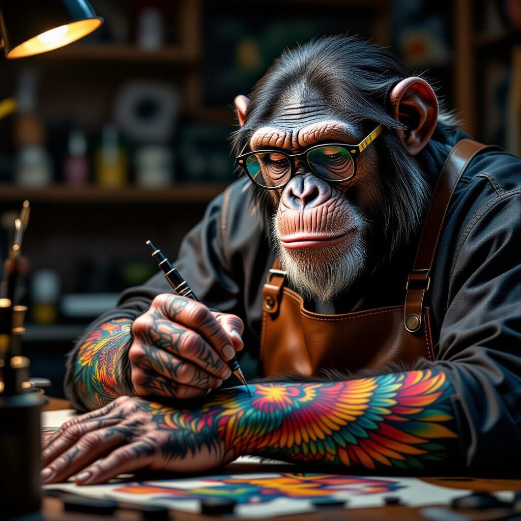 Chimpanzee Tattoo Artist Inking Phoenix Design