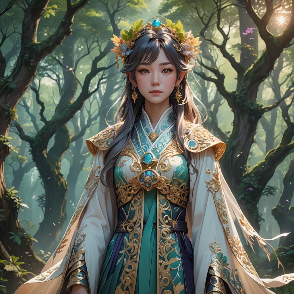 Mystical Forest: Woman in Flowing Robes, Anime 3D Art