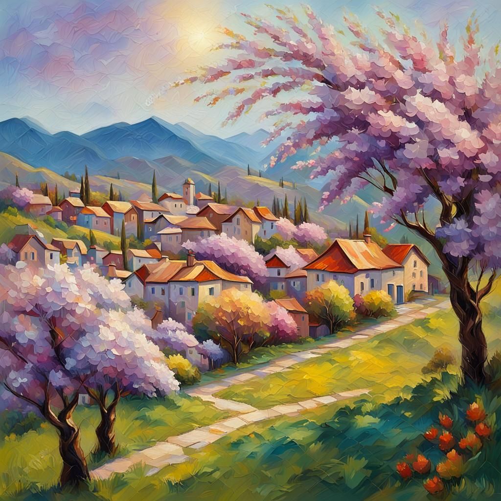 Impressionist Village Scene with Blossoming Trees