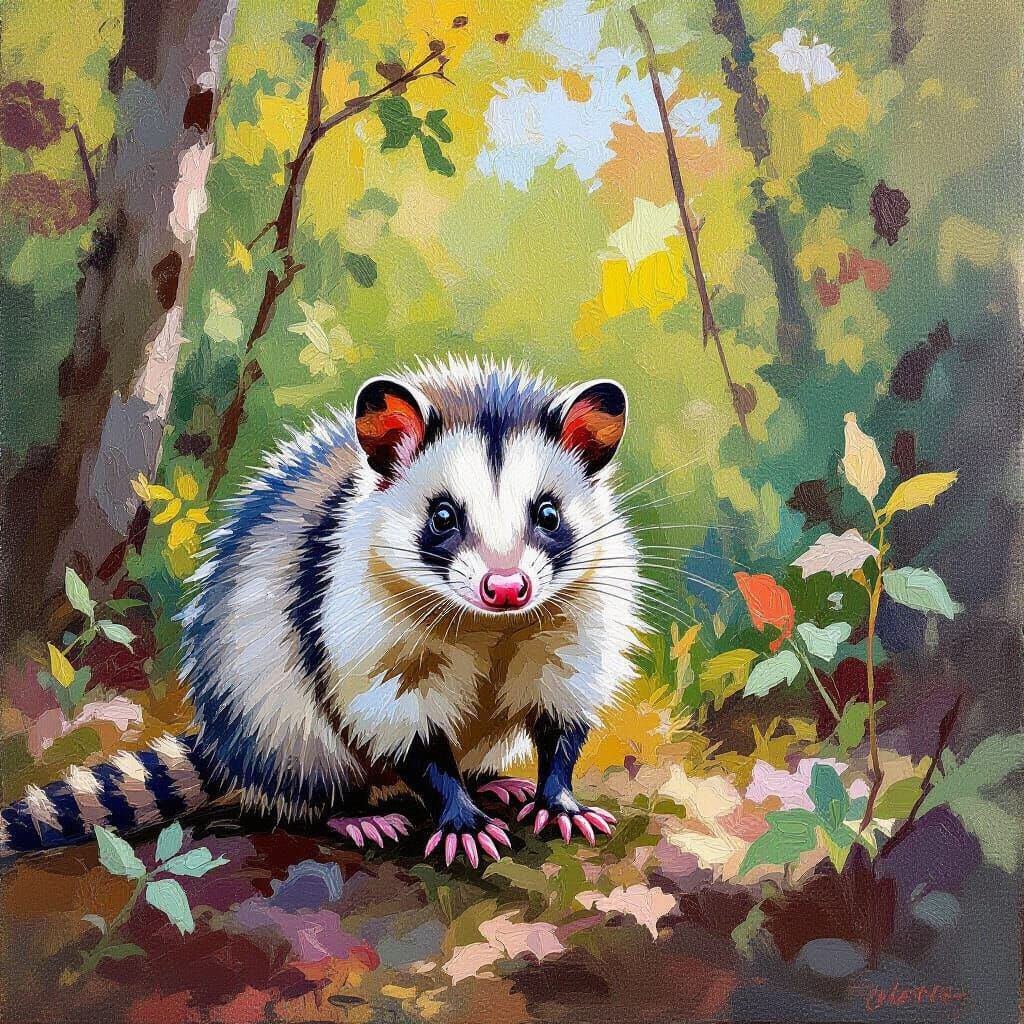 Opossum in Woodland, Gouache Impressionist Style