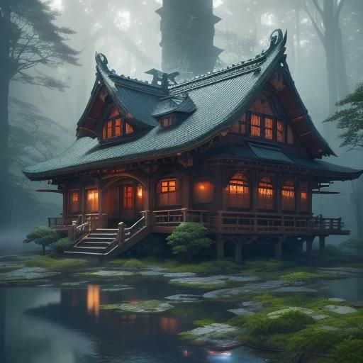 Mystical Forest House in Japanese Fantasy Style