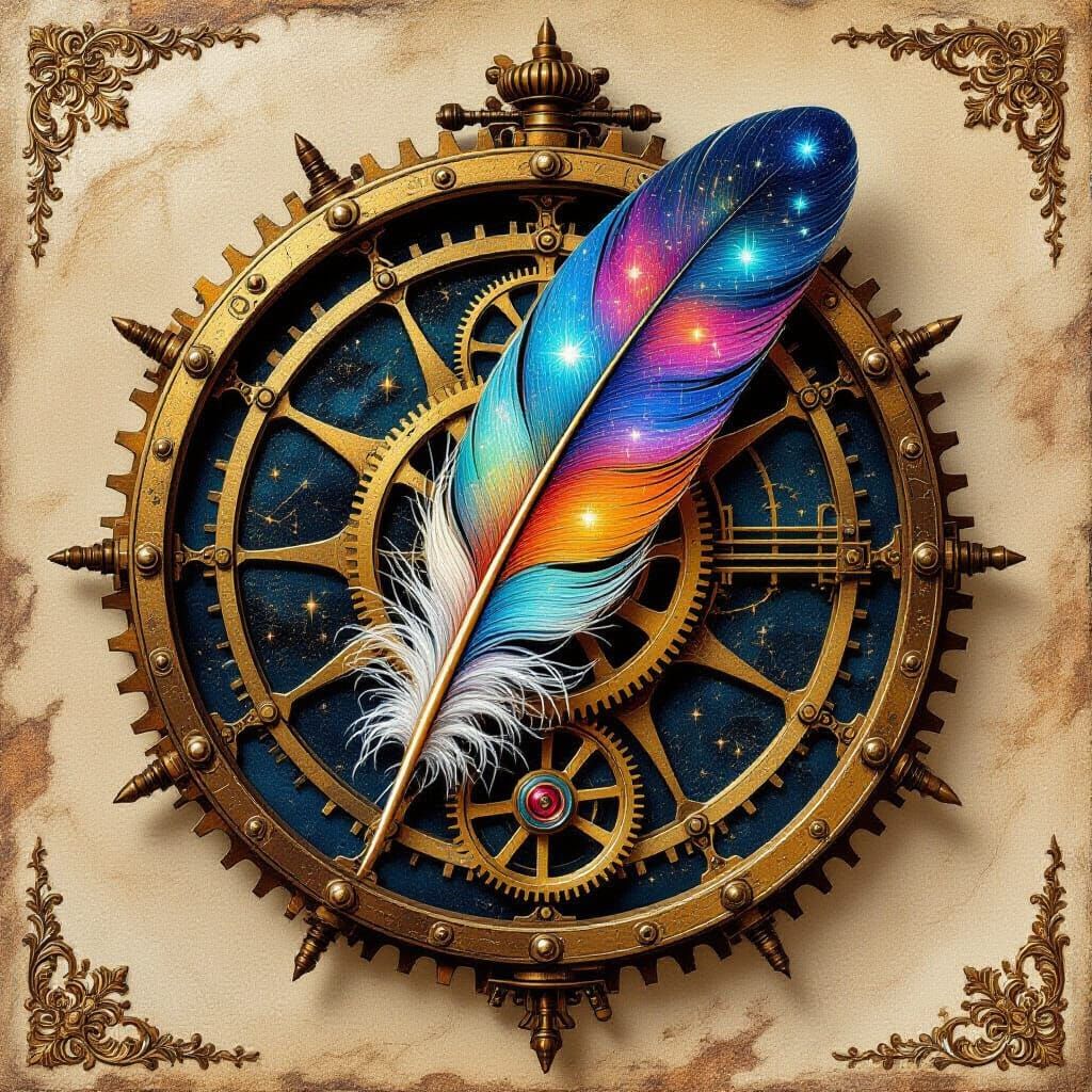 Cosmic Feather in Steampunk Clockwork Mechanism