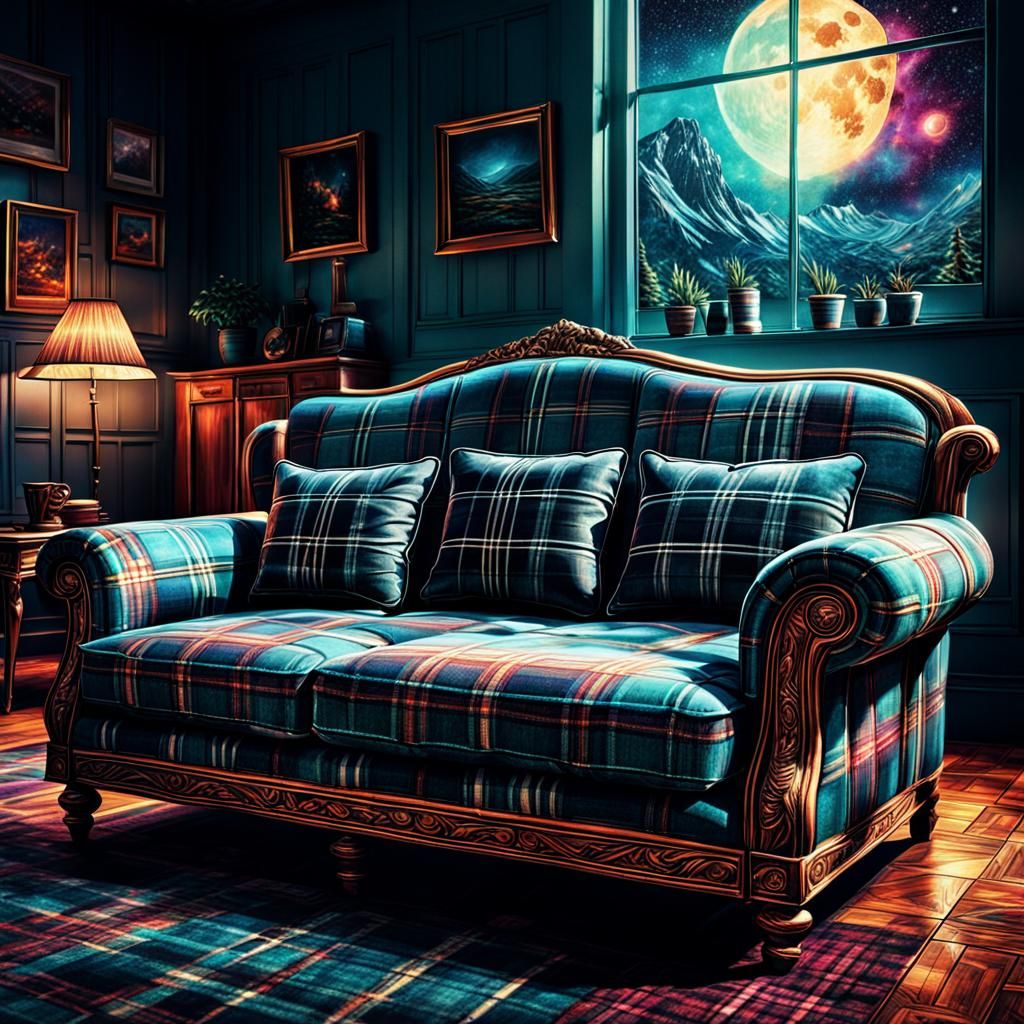 Hyperrealistic Plaid Sofa in Mixed Media Style