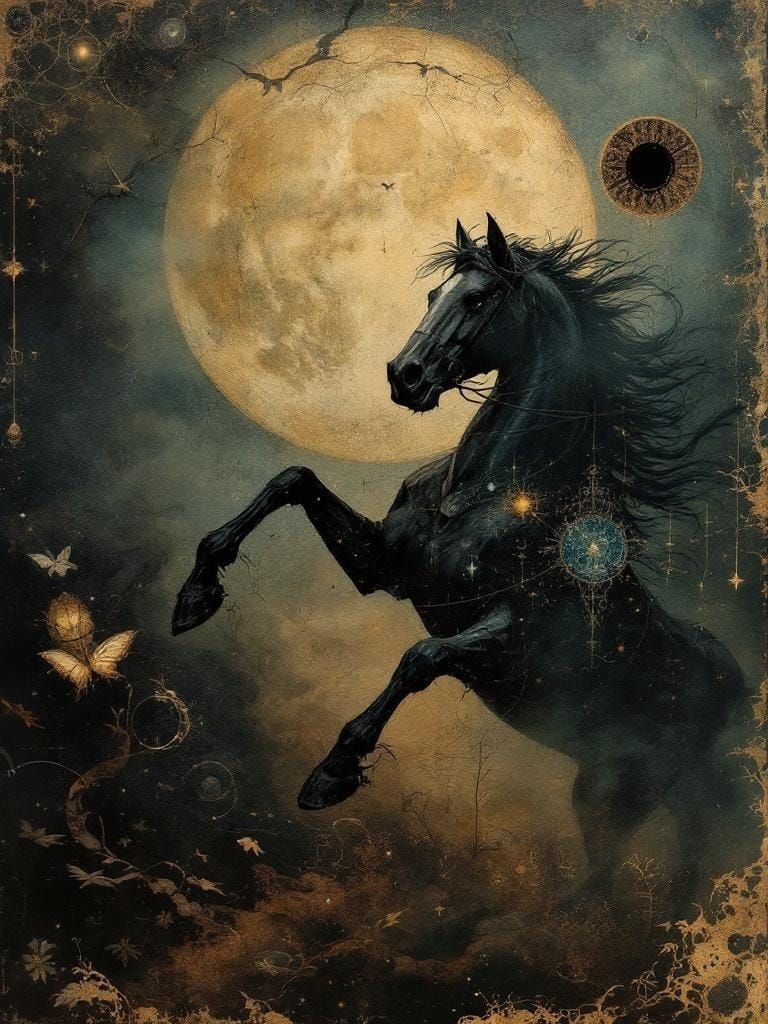 Horse in Free Fall with Galaxies, Victorian Gothic Style