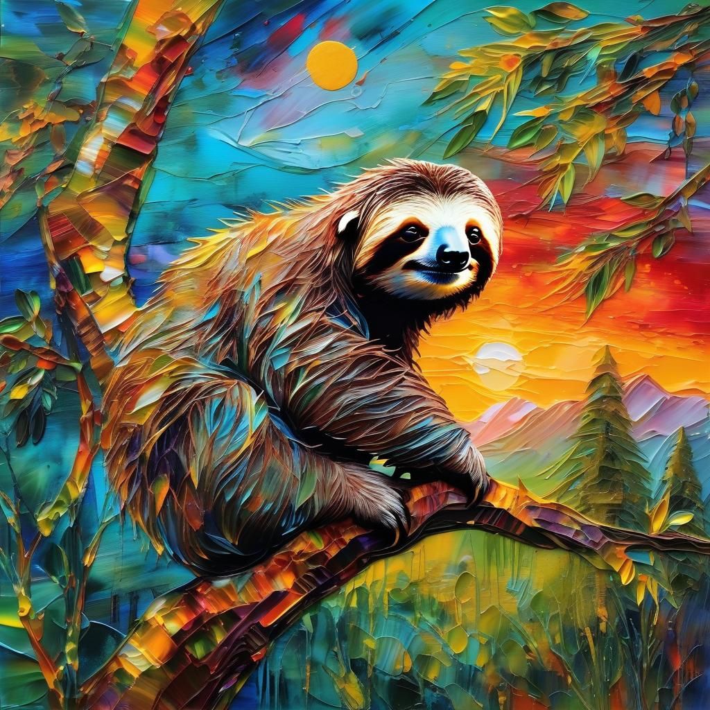 Encaustic Sloth in Rainforest Sunset: Dynamic Brushwork