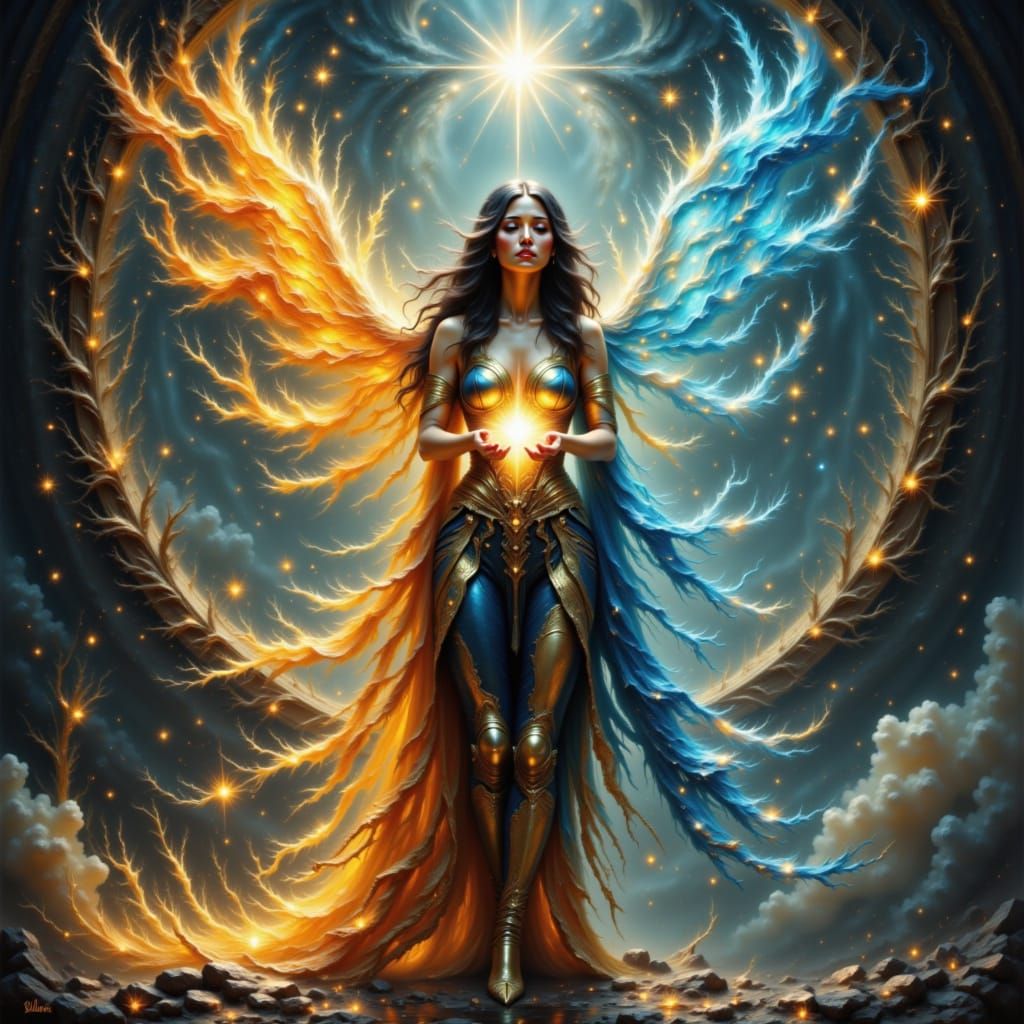 Elemental Warden Balancing Fire, Water, Earth, and Air Realm...