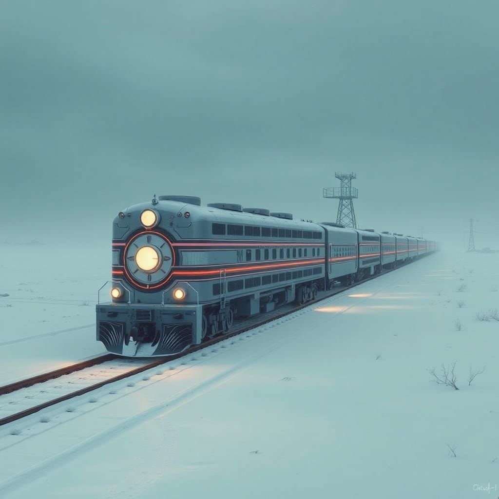 Snowpiercer Train Across Arctic Landscape in Art Deco Style