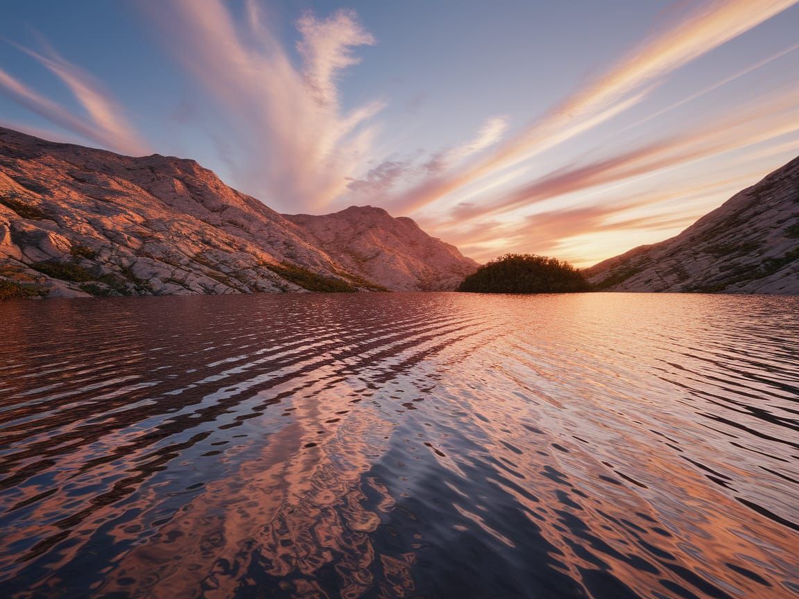 Serene Mountain Lake at Sunset in Photorealistic 3D