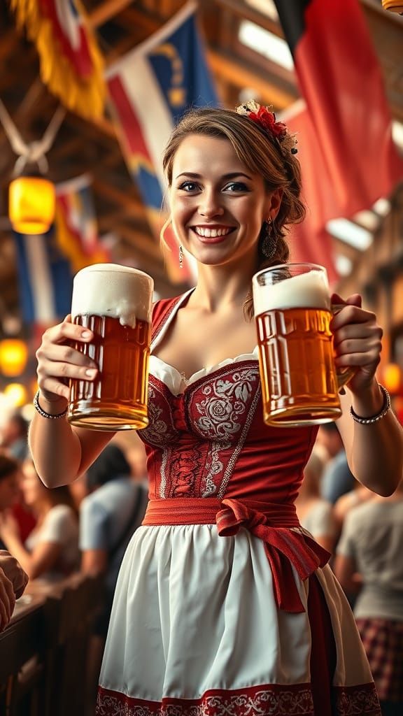 Warm Bavarian Barmaid Serves Beer at Oktoberfest in Traditio...