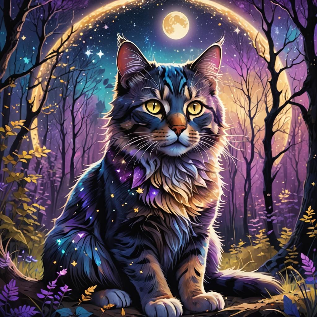 Starry Cat in Forest Clearing: Fantasy Concept Art