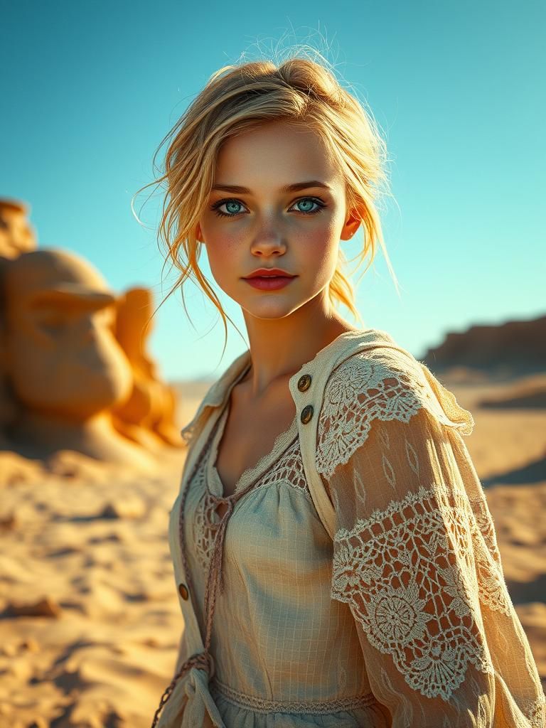 Desert Sunset: American Girl in Expressive Photorealism