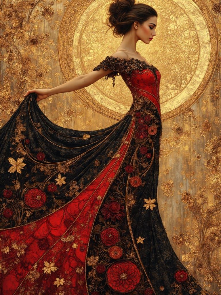 Flamenco Dancer in Klimt Style with Golden Accents