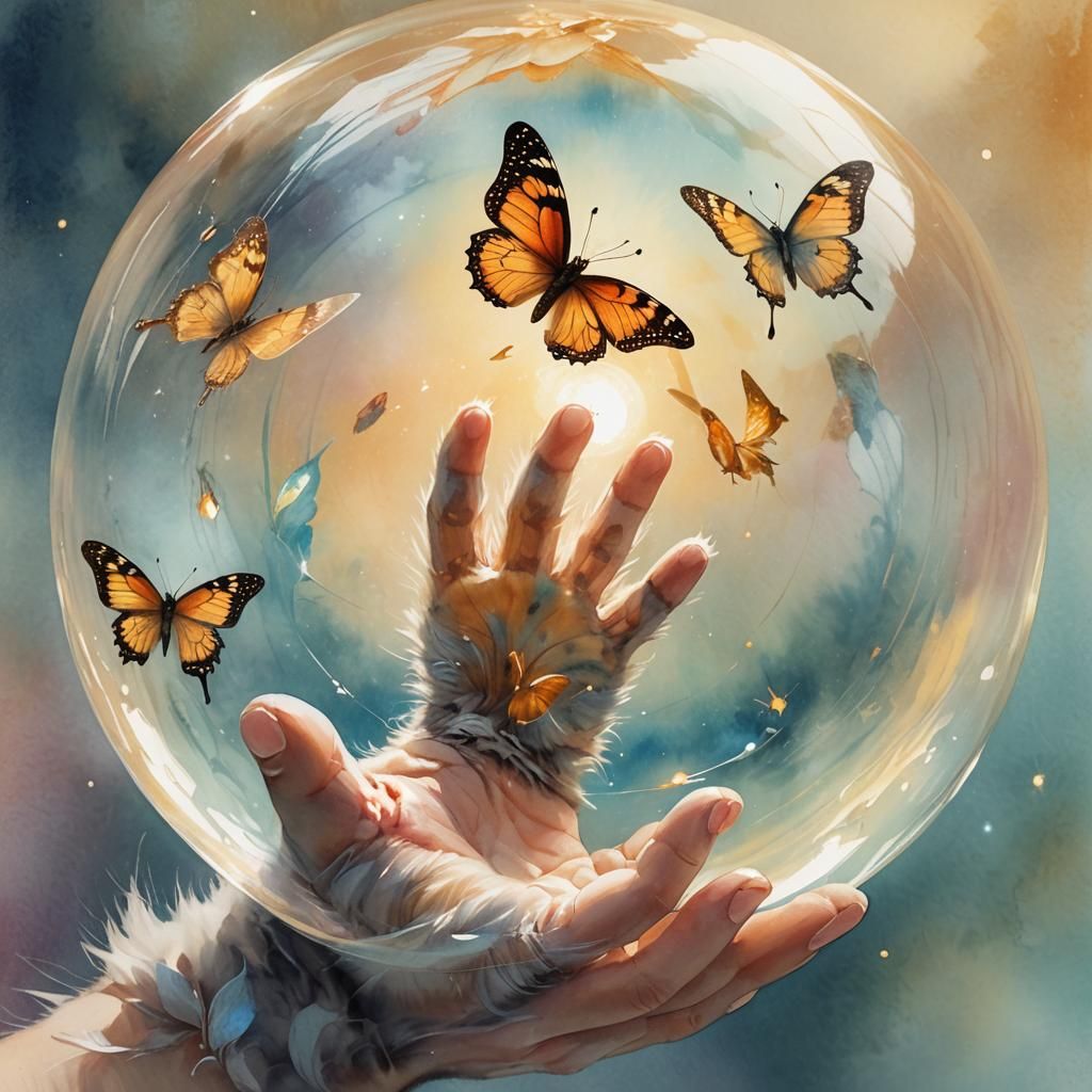 Cat, Butterfly, and Orb in Watercolor Style