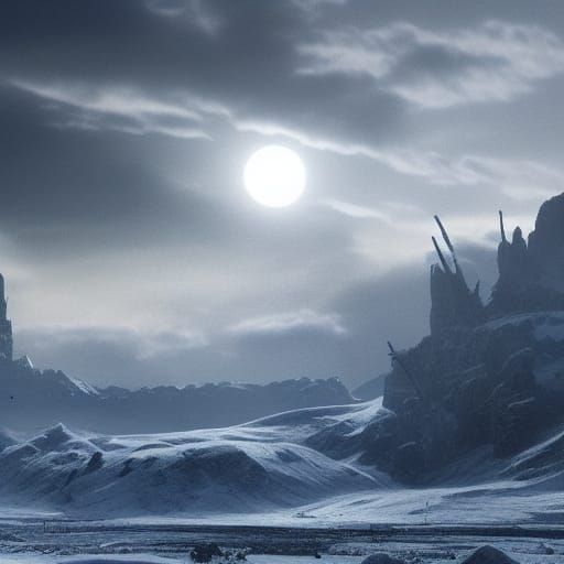 Dying Sun Over Frozen Wasteland: Digital Matte Painting