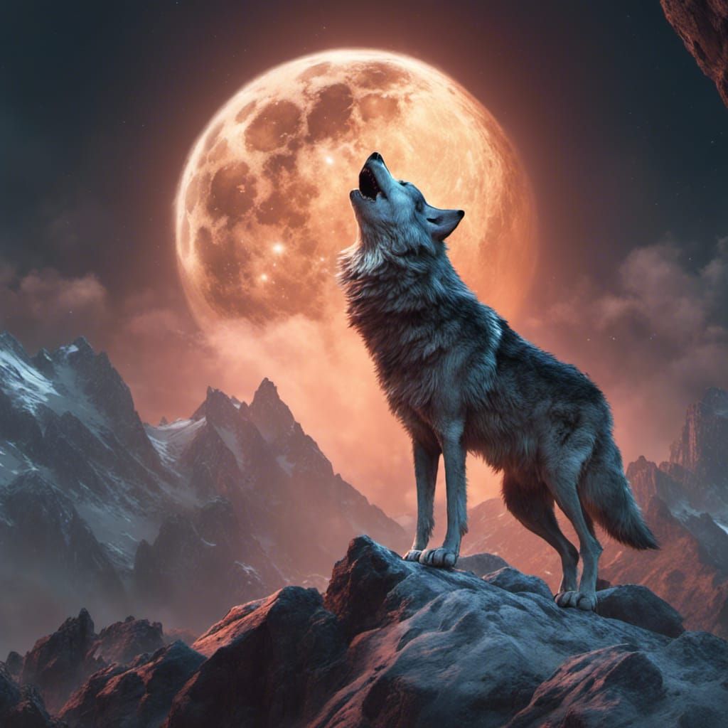 Wolf Howling at Moon: Detailed Matte Painting