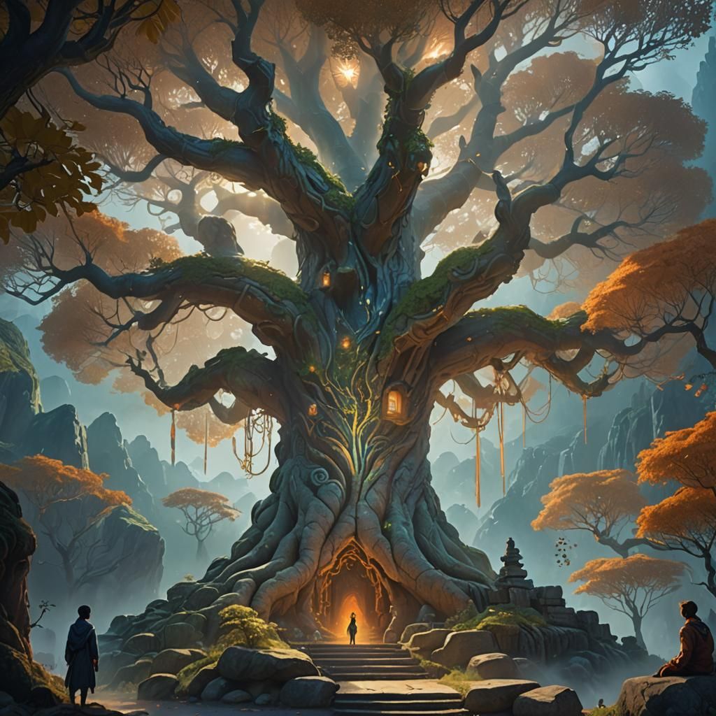 Meditating Figure by Tree in Matte Painting Style