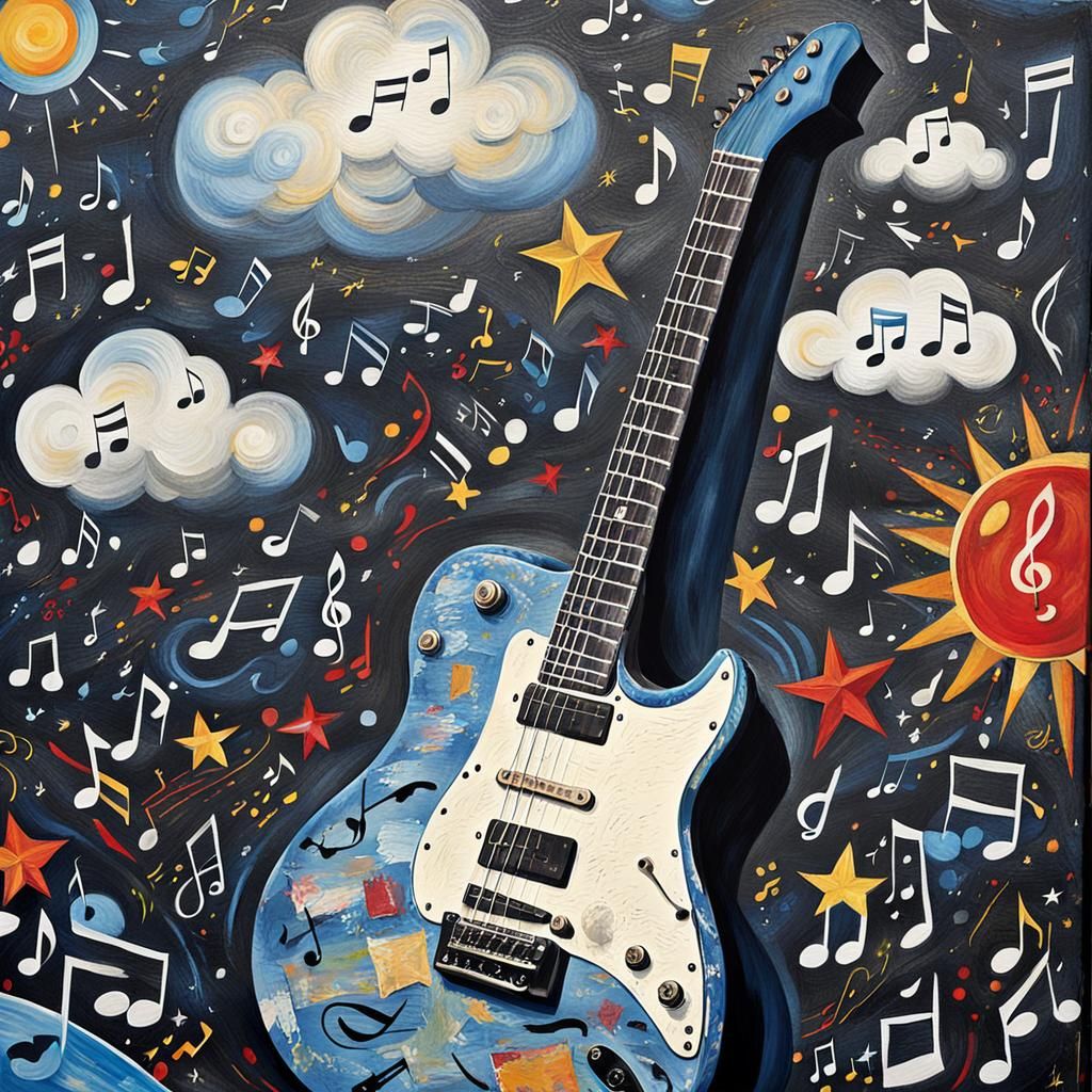 Surreal Guitar Mural on Stage with Volumetric Lighting