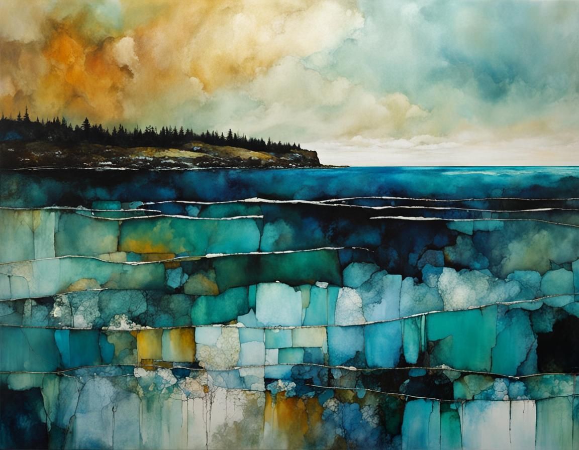 Encaustic Painting of Sea Reflecting Sky and Ice