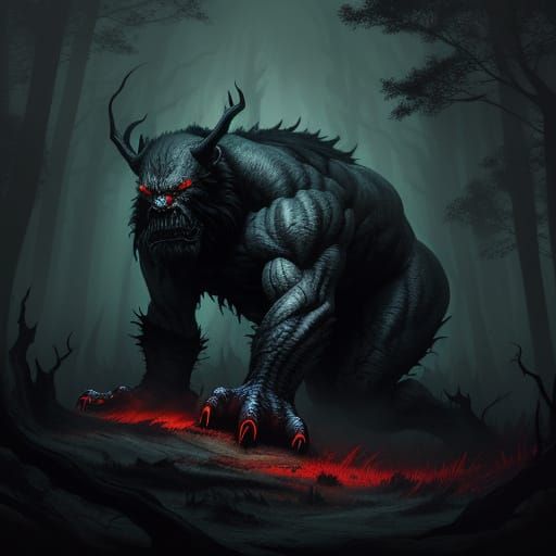 Dark Fantasy Monster in Ominous Misty Forest