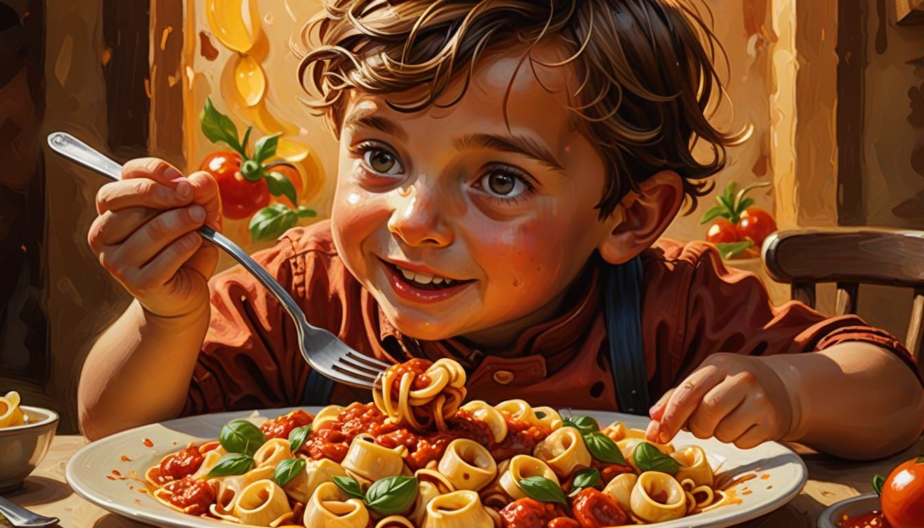 Italian Child Eating Pasta in Renaissance Oil Painting