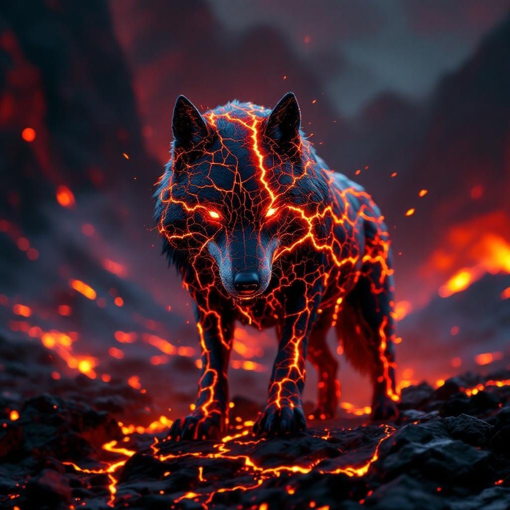 Molten Lava Wolf in Dystopian Landscape