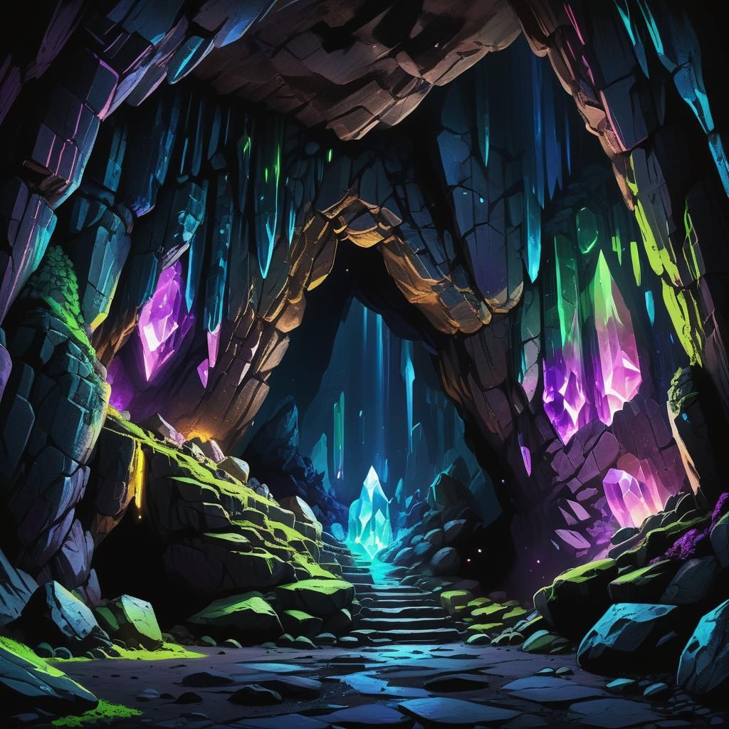 Glowing Crystals in Cave Entrance, Digital Painting